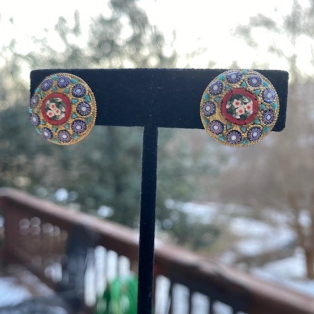 VTG Micro Mosaic Gold Glass Bead EARRINGS - Picture 4 of 6